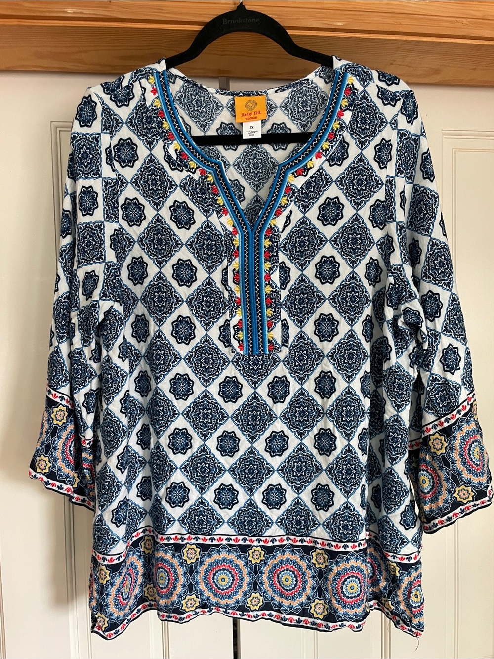 Ruby Rd. Navy and White Printed Tunic with Multicolor Embroidered Trim